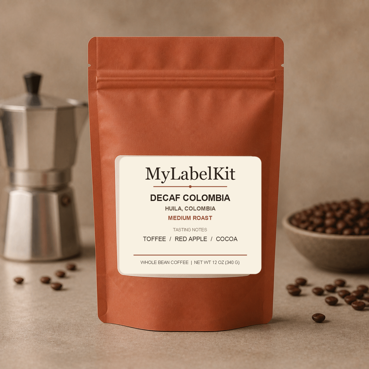 Decaf Colombia Coffee Label mockup